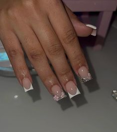 Shorties Nails French, Shorties Nails French Tip, Overlay Nails Short, French Tip With Bling, Shorties Nails, Pink Tip Nails, Overlay Nails, Acrylic Nails Nude, Nails French Tip