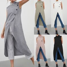 Package include: 1 TopMaterial: 65% Polyester+35% CottonType:Long shirtColor: Gray,Khaki,Black,White,Light PinkSize: S/M/L/XL/2XL/3XL/4XL/5XLSeason: Spring,SummerOccasion: Casual/HolidayProduct Detail:-Sleeveless-Irregular cross collar-Irregular flowing hem-Design sleeveless long top-button decoration-Can be used as a cardiganAttentions:1.The Real Object May Exist Slightly Colors Differences Compared To Images As Different Computers Display.Caution If Minding,Thanks.2.There Might Be A Manual Mea Boho Festival Fashion, Asymmetrical Blouse, Elegant Office, Retro Tops, Oversized Tunic, Irregular Hem, Creation Couture, Casual Vest, Vest Shirt