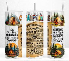 three tumbles with the words camping on them and an image of tents in the background