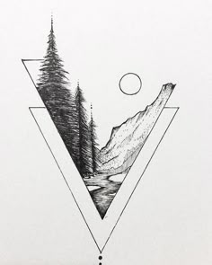 a black and white drawing of mountains, trees, and a lake with a half moon in the sky