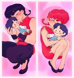 two pictures of a woman holding a baby and an adult with red hair sitting on her lap