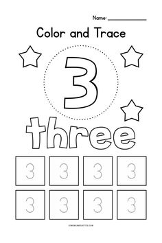 the color and trace worksheet for numbers 3 - 5, including three stars