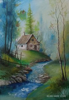 a painting of a house on a hill next to a stream