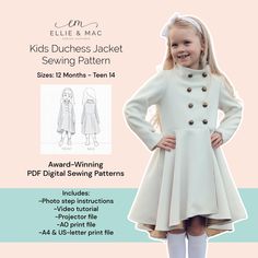 The Duchess Jacket sewing pattern will have your child receiving compliments at every turn! The boutique-style silhouette is classy and chic. This jacket not only has an incredible twirl factor, but it also keeps your little one warm while looking elegant. You will love this jacket!! To make matching sets, please find it in adult sizing in a separate listing. This is a PDF Sewing Pattern.  It is a digital download file that you can access immediately after purchase.  See my FAQ page for more inf Ellie And Mac, Hi Low Skirts, Sell Dresses, Jacket Pattern Sewing, Beginner Sewing Projects Easy, Kids Outerwear, Sewing Projects For Beginners