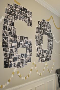 the wall is decorated with photos and garlands