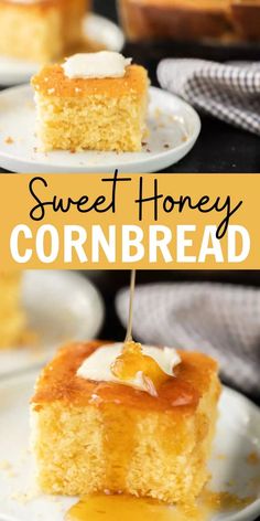 sweet honey cornbread cake on a white plate