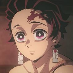 an anime character with pink eyes stares at the camera while wearing earring's