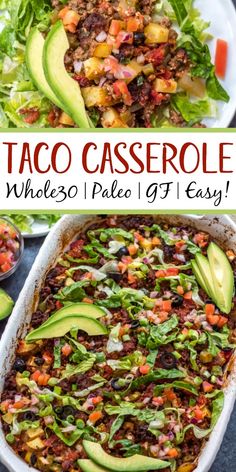 taco casserole with lettuce, avocado and tomatoes