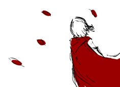 a drawing of a woman in a red dress with petals falling from the sky behind her