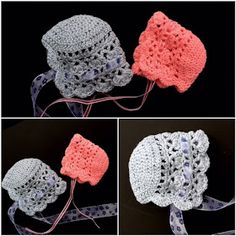 crocheted hats are shown in three different pictures, one is pink and the other is gray