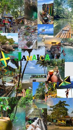 a collage of pictures with the words jamaica written in different languages and images of various places