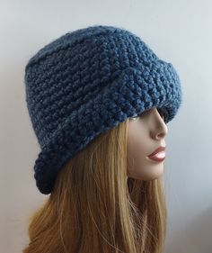 "Denim Blue Derby Hat Womens Crochet Round Shaped Style Winter Hat ~ Ready to Ship ~ Very Versatile style ~ wear in rolled up or down.  Personally Handstitched by me with a thick chunky style soft yarn. 80% Acrylic 20% wool yarn Measures 7\" inches from center top down to brim rolled up. Measures 9\" inches from center top to very bottom edge of the brim Fits Most head sizes 23\" to 25 Measure around your forehead area to determine your size.  Machine wash delicate/air dry" Knit Winter Hat, Derby Hat, Style Winter, Crochet Round, Derby Hats, Top Down, Winter Knits, Soft Yarn, Winter Hat