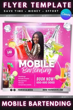 a flyer for a mobile bar with a woman holding a cocktail in front of it