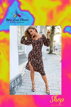 Floral Puff Sleeve Side Slit Dress⁠ by bluezoneplanet.com Blue Zone, Mental Health Awareness Month, Blue Zones, Midi Ruffle Dress, Sweater Dress Midi, Pretty Dress, Midi Shirt Dress