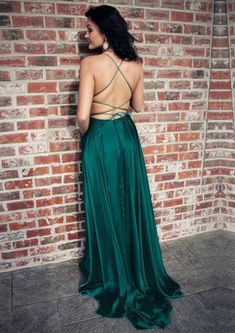 A-line Long Sweep Green Charmeuse Strappy Back Wrap Split Prom Dress - Princessly Green Satin Prom Dress, Emerald Green Prom Dress, Backless Evening Dress, Green Prom, Prom Dresses With Pockets, Spaghetti Strap Prom Dress, Cheap Evening Dresses