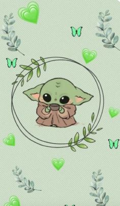 the baby yoda is surrounded by green hearts