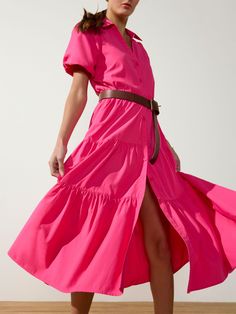 Brochu Walker | Women's Havana Dress in Hot Pink Dress Construction, Havana Dress, Brochu Walker, Bright Pink Dresses, Easy Breezy, Tiered Skirt, In Hot, Puff Sleeves, Havana