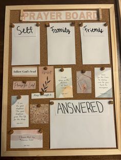 a bulletin board with notes and magnets attached to it that says, prayer board