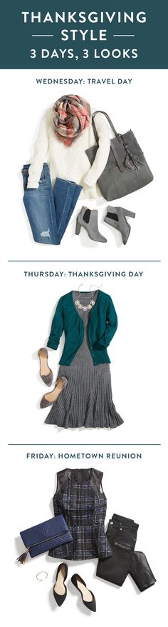 Thanksgiving always seems like the most whirlwind of holidays—mostly because of its short timeframe. Only have limited days off for travel, turkey & day-after socializing—and no time to plan? No worries! Here are three easy looks to throw in your weekender bag to get you stylishly through the holiday. What To Wear On Thanksgiving, Reunion Outfit, Wednesday Outfit, Grandma Style, Outfits Simple, Travel Turkey, Jean Outfit, Friday Outfit