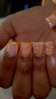 Orange Acrylic Nails, Girly Tingz, Acrylic Nail Set, Hard Nails, Colored Acrylic Nails, Girly Acrylic Nails, French Tip Acrylic Nails