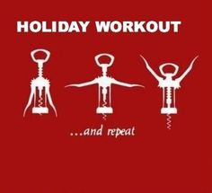 the words holiday workout and repat are in white letters on a red background, with two