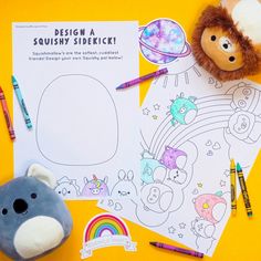 a stuffed animal next to some coloring paper