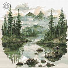 the cross stitch pattern shows a mountain lake with trees and rocks in it, surrounded by mountains