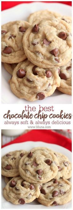 chocolate chip cookies are stacked on top of each other in this collage with text overlay