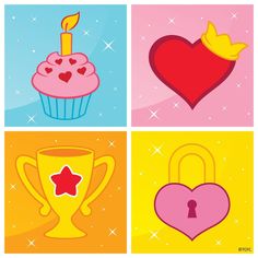 four cards with hearts, cupcakes and a key to unlock the heart on them