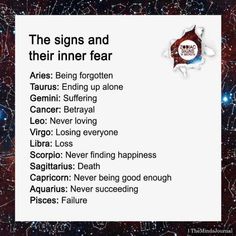 the signs and their inner fear are shown in this graphic above it is an image of stars