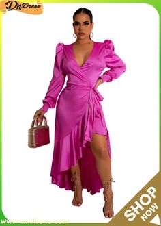 Women's Puff Sleeve Ruffle Irregular Tied V-neck Wrap Dress Night Club Outfits For Women, Midi Dress Pattern, Satin Dresses Long, Satin Dresses Long Sleeve, Irregular Dress, Formal Dresses With Sleeves, Dress Sleeve Styles, Ruffles Fashion, Ladies Gown