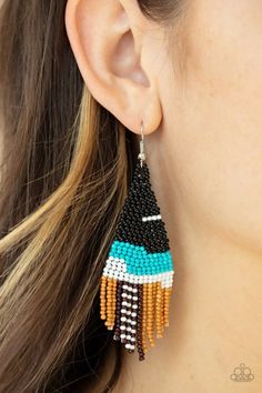 Strands of black, blue, white, light brown, and dark brown seed beads colorfully weave into a vivaciously beaded fringe. Earring attaches to a standard fishhook fitting. Sold as one pair of earrings. Fringe Earring, Earrings Trendy, Black Seed, Rose Quartz Stone, Colored Gems, Paparazzi Accessories, Blue Gems, White Rhinestone, Beaded Fringe