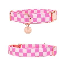 two pink and white checkered collars with a gold dog tag on the front