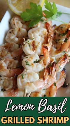 lemon basil grilled shrimp on skewers with garnish and parsley