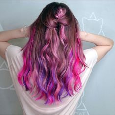 Pink And Purple Tips Hair, Vivid Hair Color Underneath, Bright Peekaboo Hair, Purple And Pink Underneath Hair, Pink Bayalage Hair Brunette, Pink And Purple Hair Balayage, Colored Tips Hair Brunette, Pink Purple Peekaboo Hair, Pink And Blue Highlights In Brown Hair