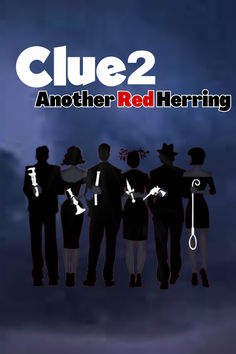 the poster for clue 2 another red herring, with silhouettes of people holding umbrellas