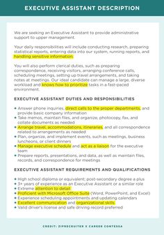 the executive assistant description is shown in green and yellow, as well as an additional description for