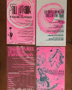 three posters are displayed on the wall in pink and white colors, with black lettering