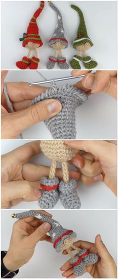 several hands holding small crocheted items in the shape of an animal and elf