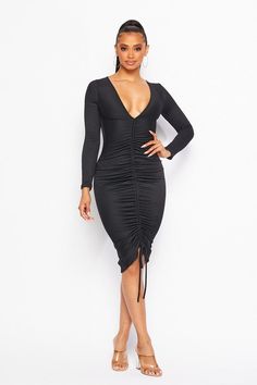 Plunging V neck front ruched midi dress Long sleeve Adjustable front ruching -x2 Rib True to size with good stretch Fitted V-neck Midi Dress With Ruched Sides, Ruched V-neck Dress With Surplice Neckline For Night Out, Fitted Ruched Midi Dress, V-neck Ruched Dress With Surplice Neckline For Night Out, Fall V-neck Ruched Midi Dress, Spring V-neck Ruched Bodycon Dress, V-neck Midi Dress With Ruched Bodice For Date Night, Ruched Bodycon Dress With Surplice Neckline For Date Night, Ruched Bodycon Midi Dress For Night Out