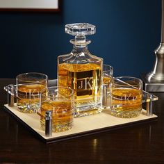 an assortment of whiskeys and glasses on a tray