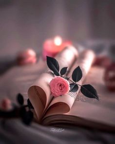 an open book with a pink rose on it and some candles in the back ground