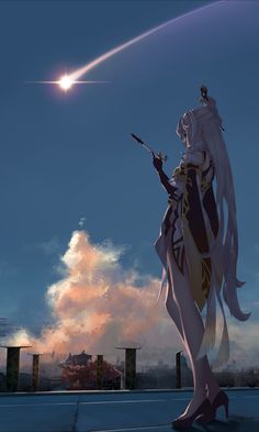 an anime character standing on top of a roof next to a sky filled with clouds