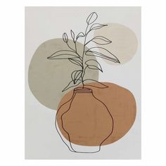 a vase with a plant in it sitting on a table next to a white wall