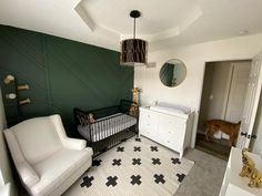 a baby's room is decorated in green and white