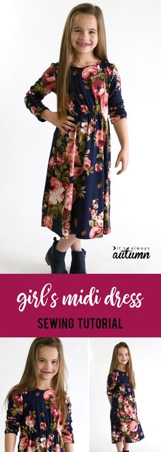 How to make a cute midi dress for a girl in any size without a pattern! Easy sewing tutorial. #itsalwaysautumn #sewing #sewingpattern Sewing Patterns Free Women, Trendy Sewing Patterns, Dress Sewing Tutorials, Sewing Dress, Sewing Projects Clothes, Trendy Sewing, Pants Skirts, Dress Tutorials, Sewing Projects For Kids