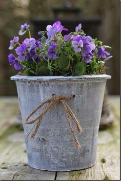 some purple flowers are in a pot on a wooden table and is tied with twine