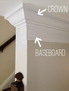 the crown, baseboard, and stair rail are labeled in three different ways on this staircase