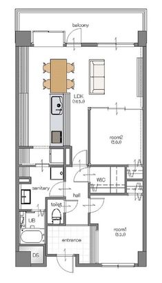 the floor plan for a two bedroom apartment with an attached kitchen and living room area