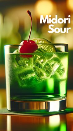 a close up of a drink on a table with the words midori sour above it